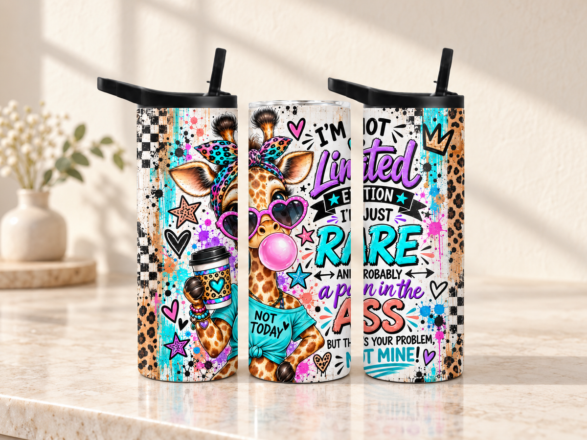 Colorful 20 oz giraffe tumbler with heart sunglasses, leopard print, graffiti accents and funny I’m Not Limited Edition I’m Just Rare quote