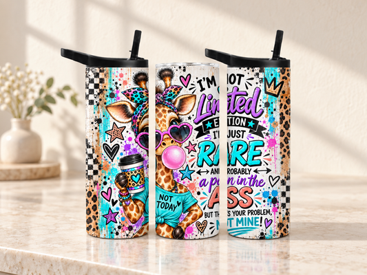 Colorful 20 oz giraffe tumbler with heart sunglasses, leopard print, graffiti accents and funny I’m Not Limited Edition I’m Just Rare quote