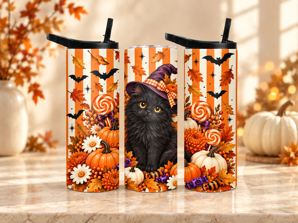 20 oz Halloween tumbler featuring a fluffy black cat in a witch hat surrounded by orange pumpkins, bats, candy, autumn flowers and fall leaves