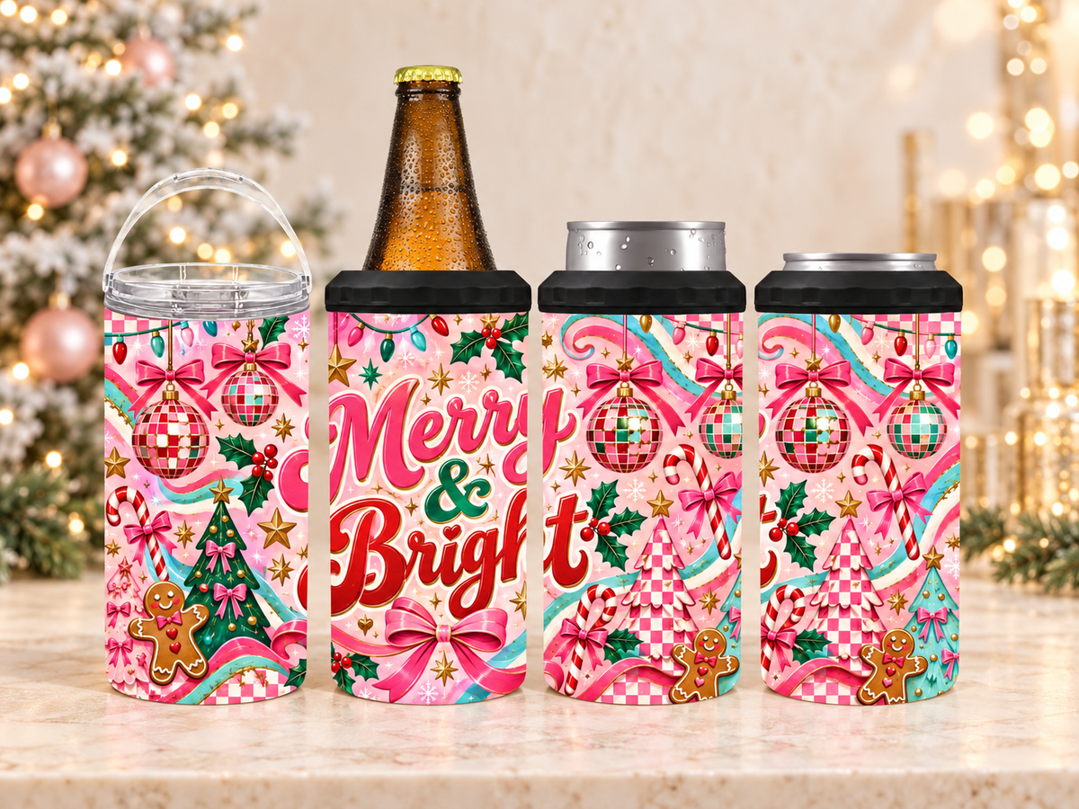 Merry and Bright pink Christmas 4-in-1 can cooler with bows, disco ball ornaments, candy canes, gingerbread and colorful holiday decorations