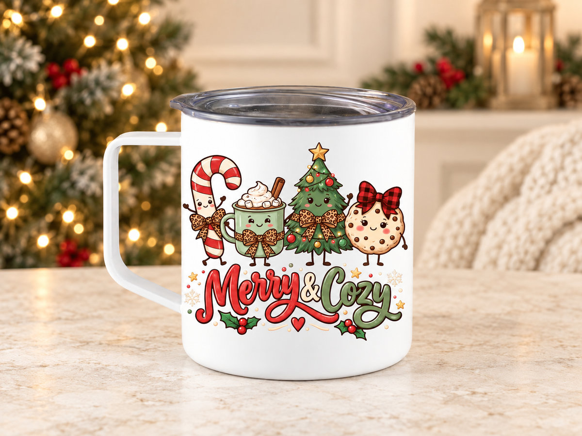 White 12 oz Christmas camper mug with Merry and Cozy design featuring a candy cane, hot cocoa mug, decorated Christmas tree, cookie and festive bows