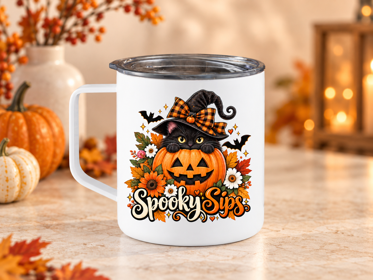 White 12 oz Halloween camper mug featuring a black cat in a witch hat peeking over a jack-o-lantern with bats, fall leaves and orange flowers