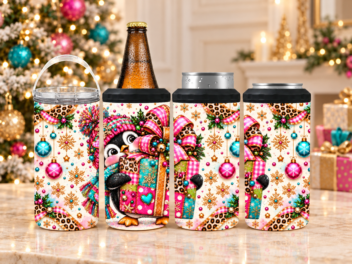 Christmas Penguin 4-in-1 Can Cooler | Pink Leopard Holiday Drink Holder