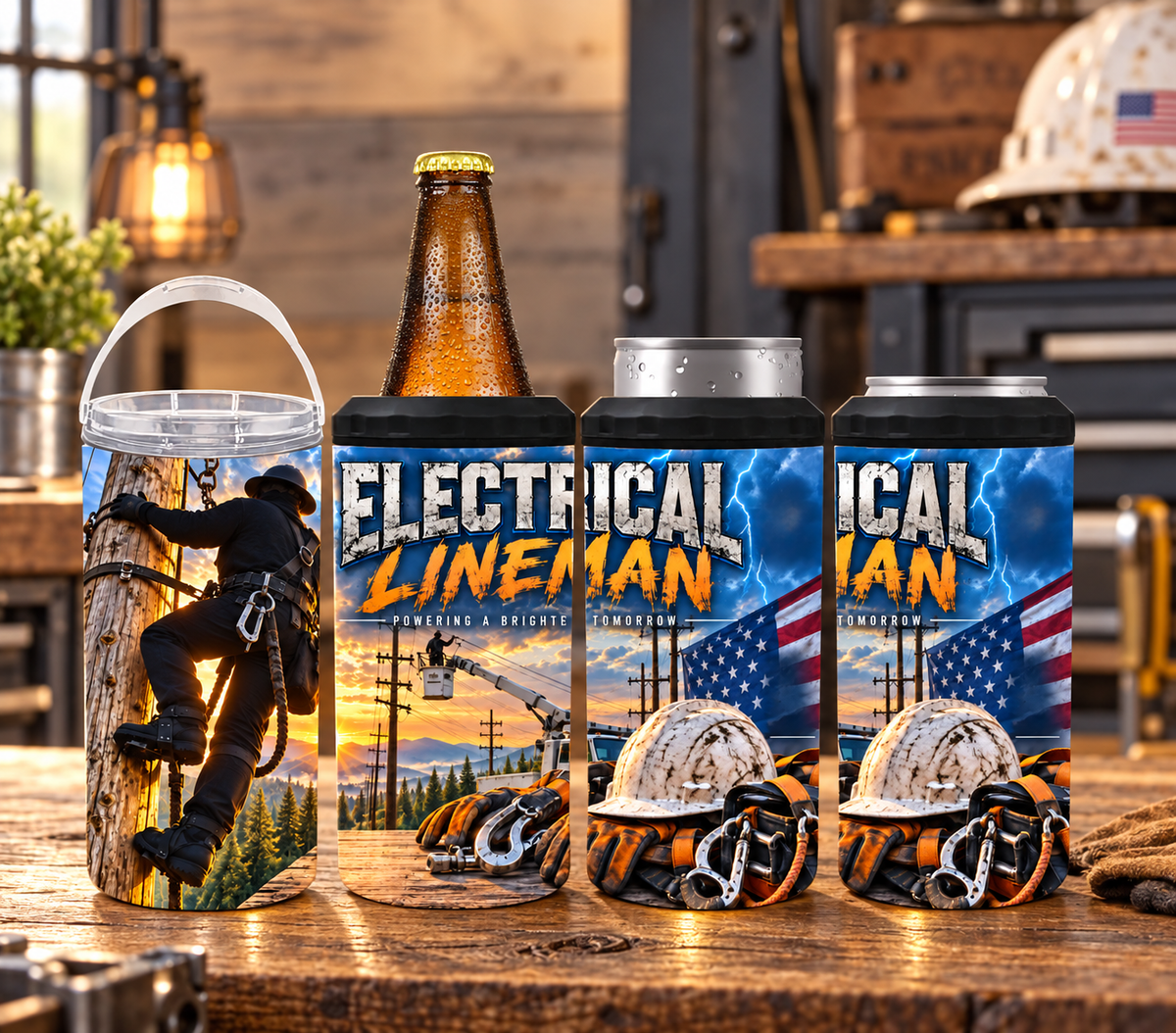 Electrical Lineman 4-in-1 Can Cooler | Patriotic Utility Worker Gift