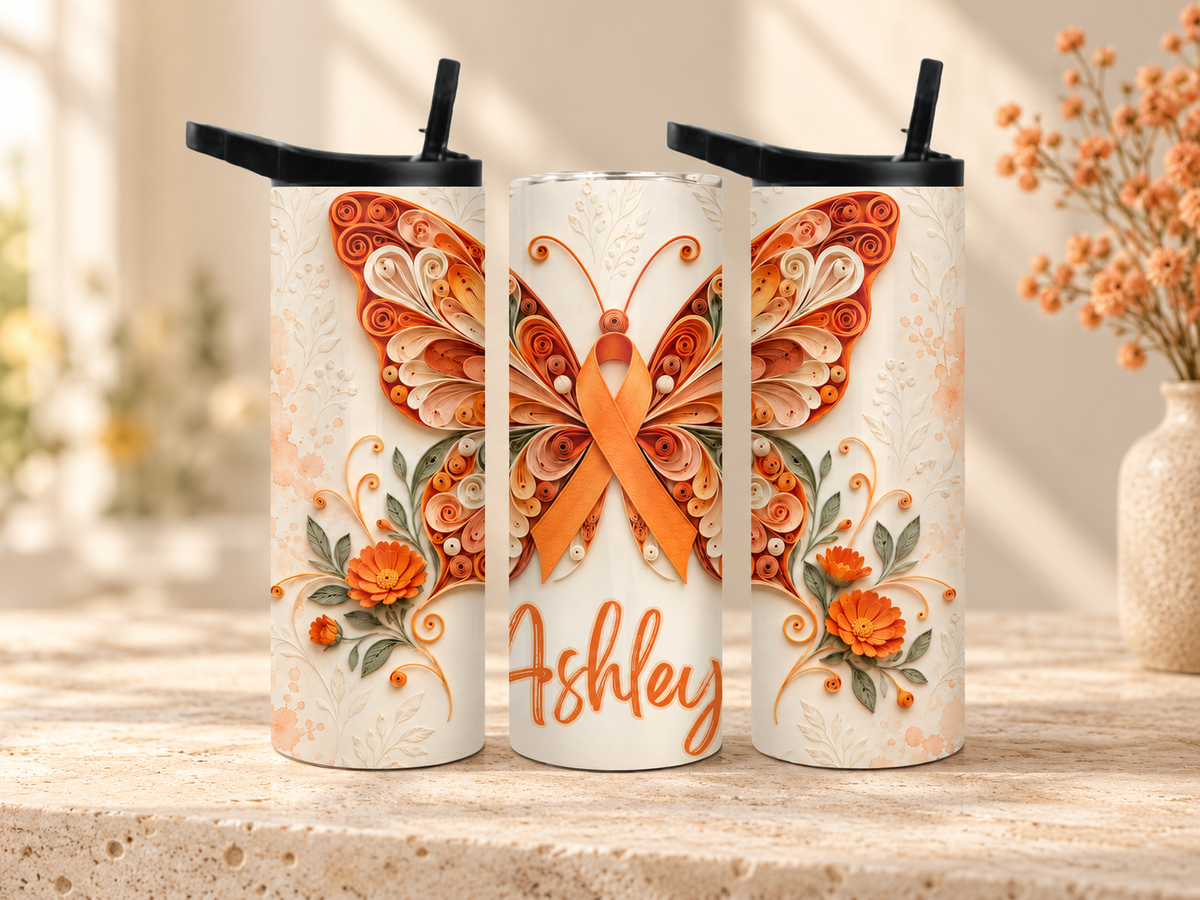 Personalized MS Awareness Butterfly Tumbler – Orange Ribbon Design