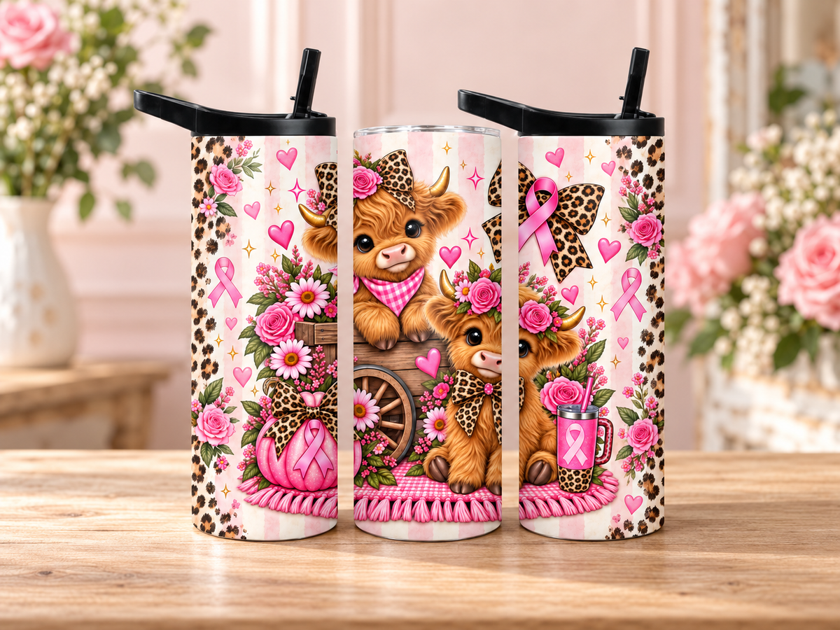 Highland Cow Breast Cancer Awareness Tumbler – Pink Ribbon & Leopard Bows