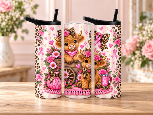 Highland Cow Breast Cancer Awareness Tumbler – Pink Ribbon & Leopard Bows