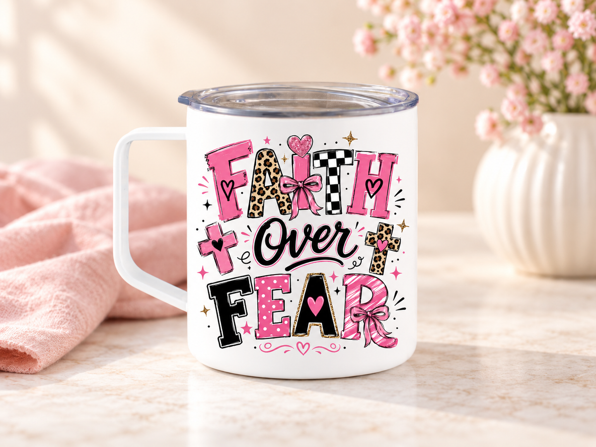 Faith Over Fear 12 oz Camper Mug | Pink Christian Coffee Cup with Leopard Cross D