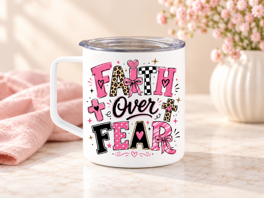 Faith Over Fear 12 oz Camper Mug | Pink Christian Coffee Cup with Leopard Cross D