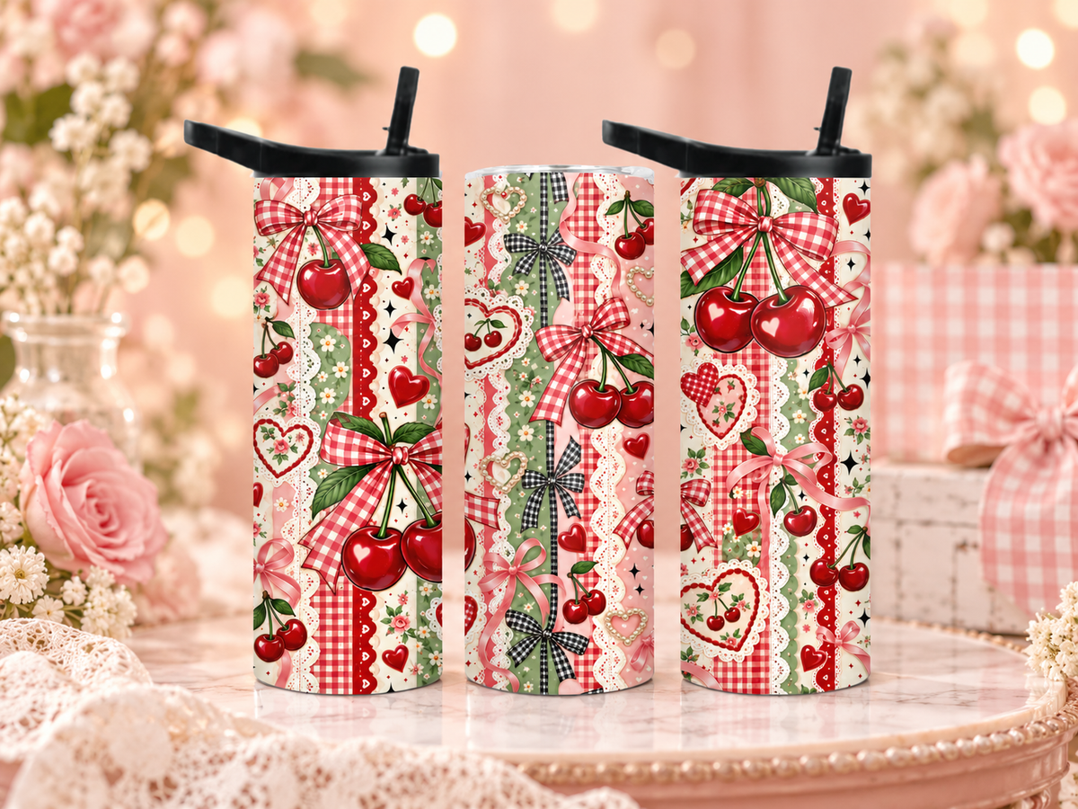 20 oz cherry bow tumbler with red gingham ribbons, cherries, floral accents, hearts and vintage coquette pattern