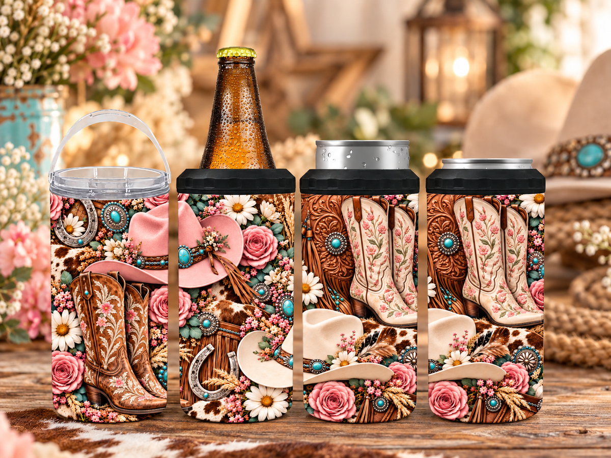 Western floral 4-in-1 can cooler with cowgirl boots, pink roses, turquoise accents, horseshoes and rustic country design