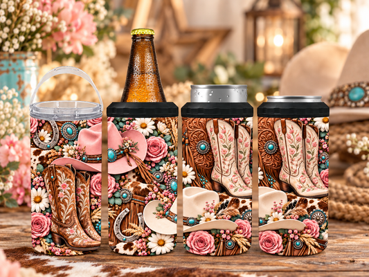 Western floral 4-in-1 can cooler with cowgirl boots, pink roses, turquoise accents, horseshoes and rustic country design