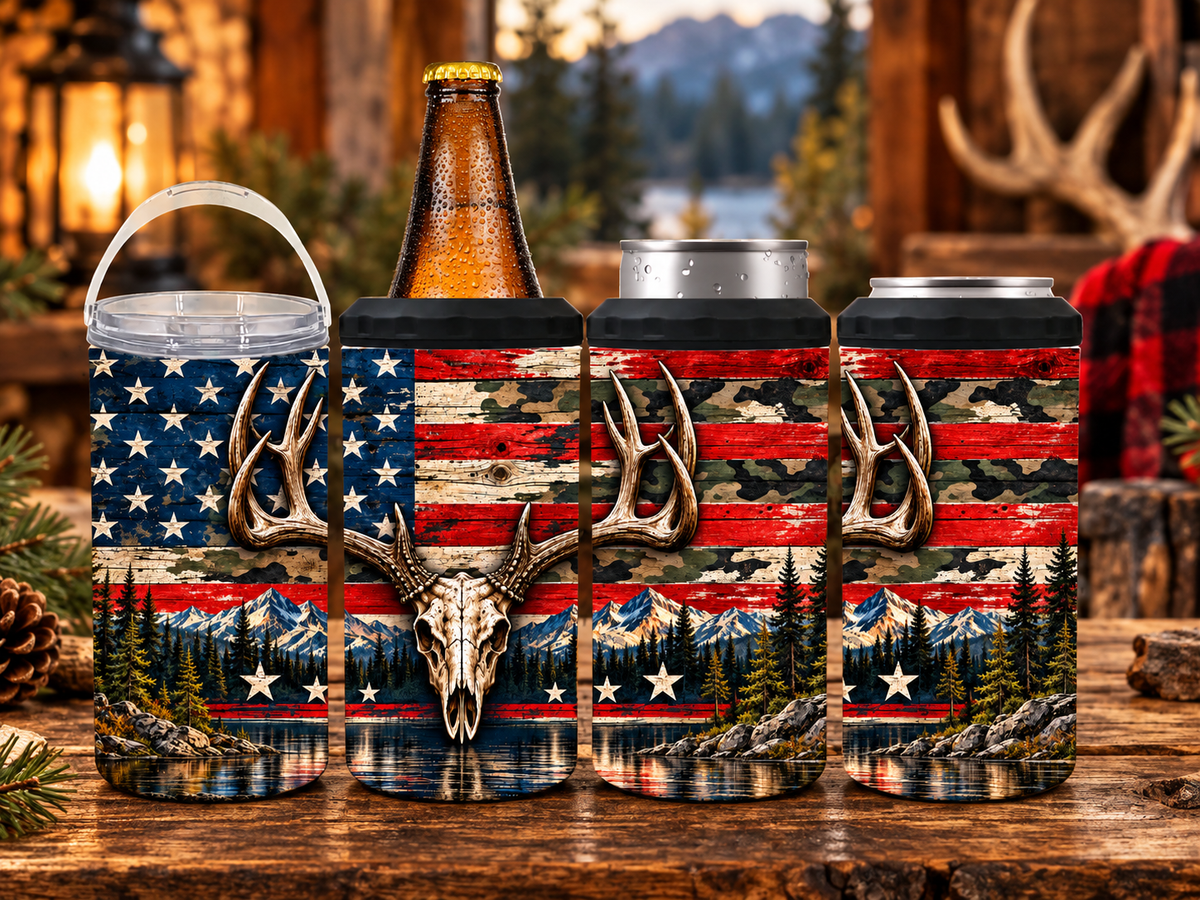 Patriotic 4-in-1 can cooler with distressed American flag, deer skull, antlers, camouflage, mountains and pine forest design