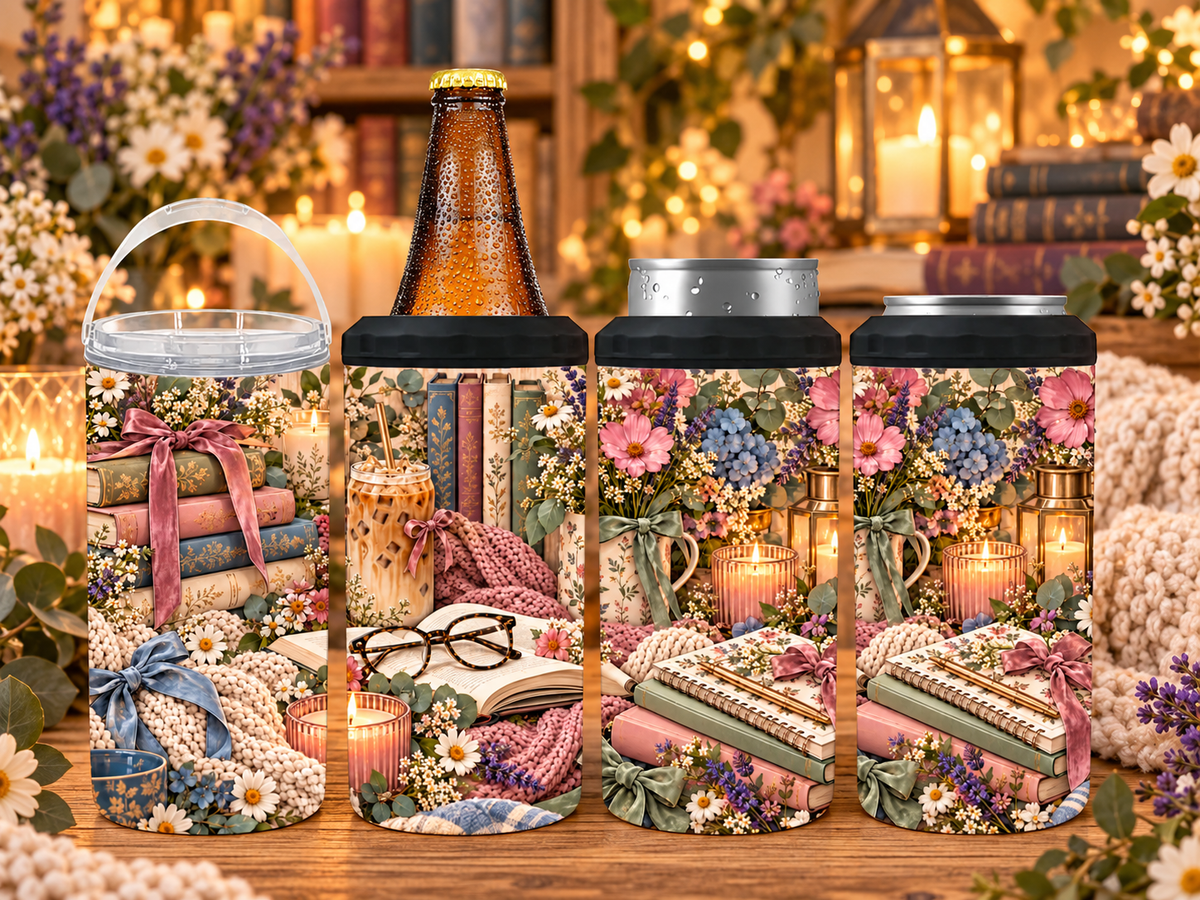 Cozy Book Lover 4-in-1 Can Cooler with Floral Reading Design