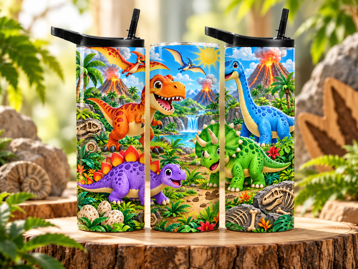 Personalized Kids Dinosaur 20 oz Tumbler with Volcano Jungle Design