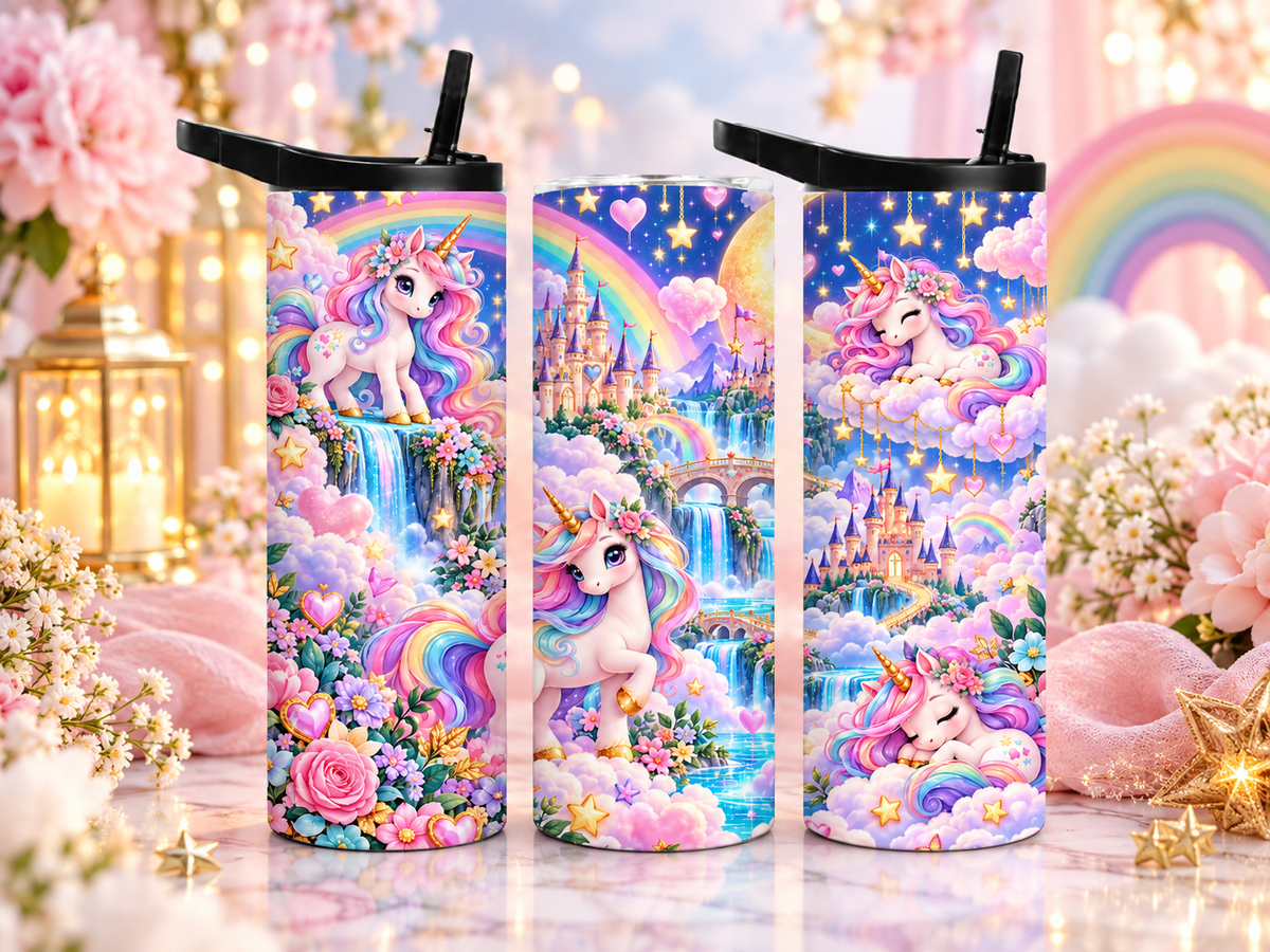 Magical Unicorn Rainbow 20 oz Tumbler with Castle & Waterfall Design