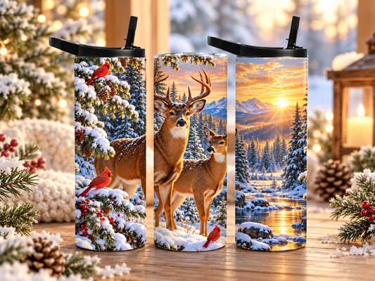 20 oz winter deer tumbler with buck, doe, red cardinals, snowy evergreen forest, mountains and golden sunset