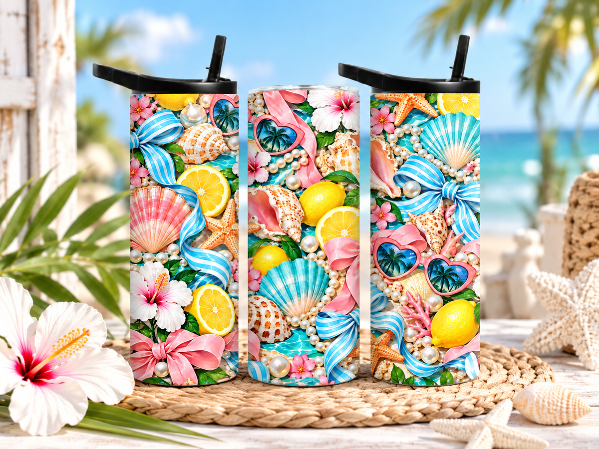 20 oz tropical beach tumbler with seashells, lemons, hibiscus flowers, pearls, striped bows and heart-shaped sunglasses