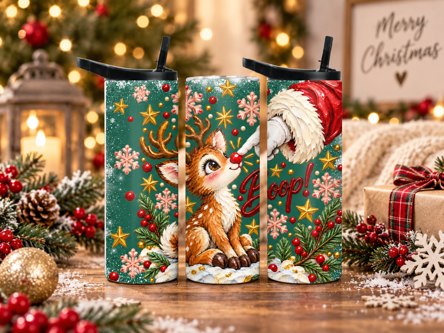 Christmas reindeer 20oz duo lid tumbler with Santa holiday design