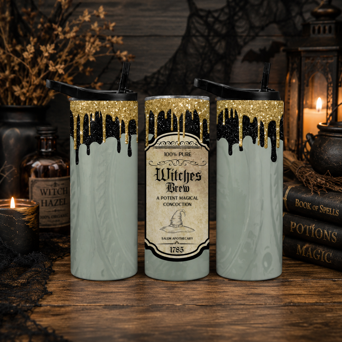 Witches Brew 20oz Skinny Tumbler, Halloween Witch Tumbler, Spooky Gold Drip Travel Cup