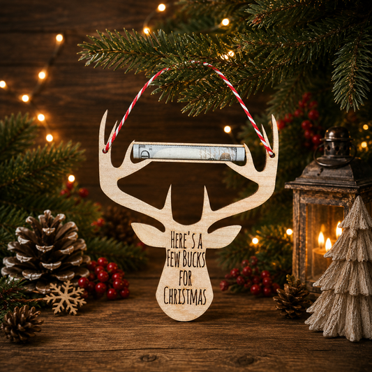 Deer Christmas Money Holder Ornament, Here’s a Few Bucks for Christmas, Wooden Cash Gift Holder