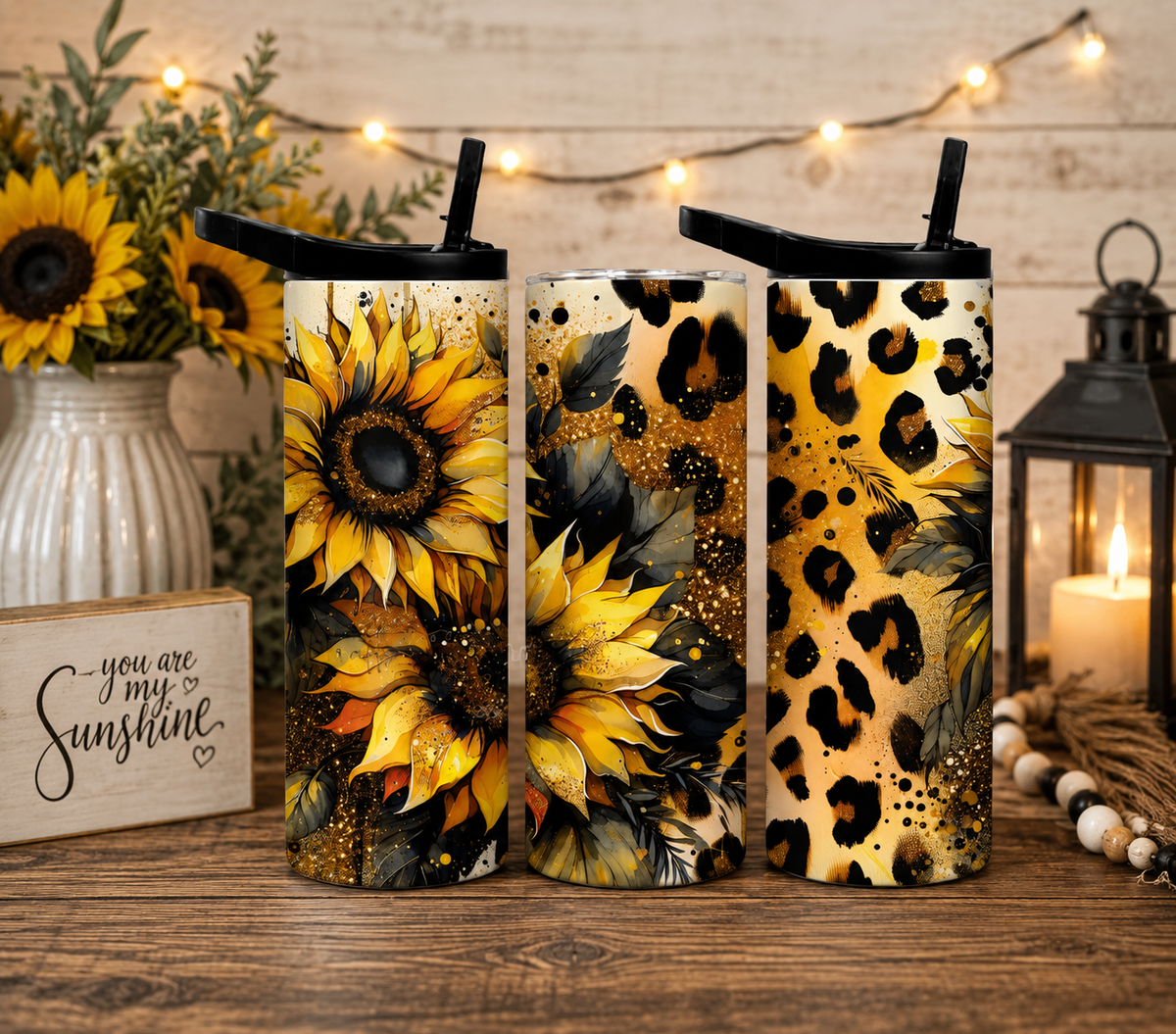 Sunflower Leopard 20oz Skinny Tumbler, Floral Animal Print Travel Cup, Sunflower Tumbler with Straw