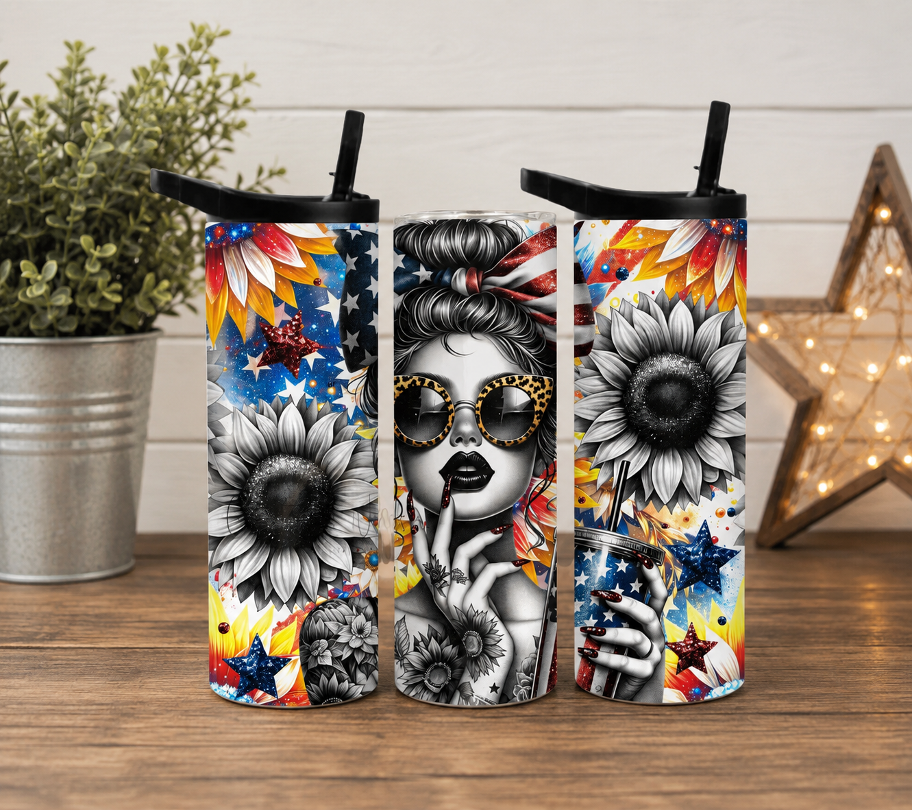 Patriotic Sunflower 20oz Tumbler, American Flag Woman Travel Cup, Red White & Blue Summer Tumbler