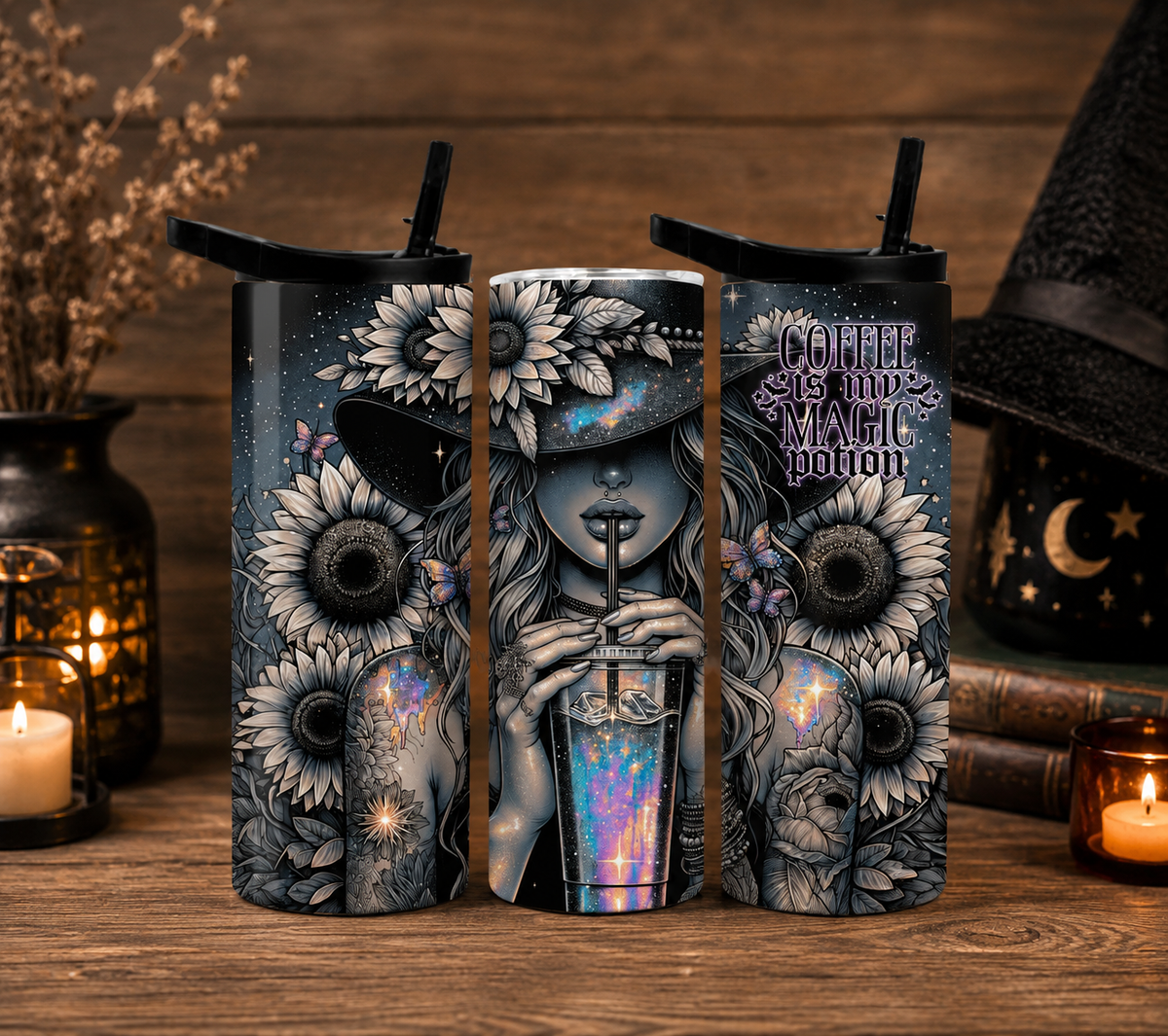 Coffee Is My Magic Potion 20oz Tumbler, Witchy Coffee Cup, Gothic Sunflower Travel Tumbler