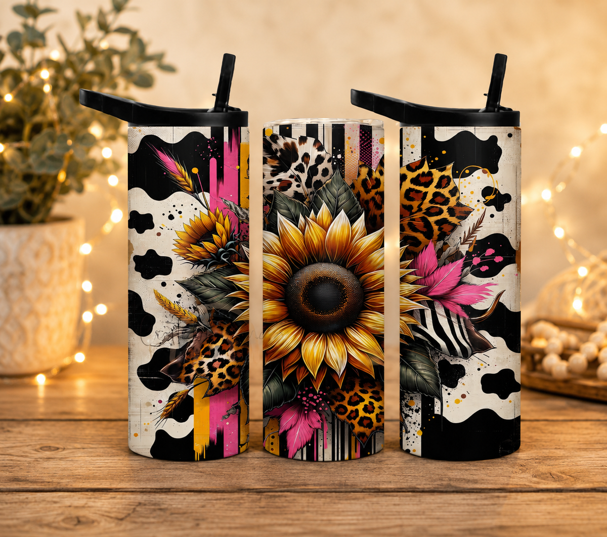 Sunflower Leopard 20oz Skinny Tumbler, Cow Print Floral Travel Cup, Western Boho Gift for Her