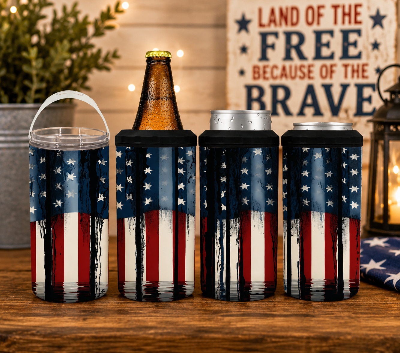 Distressed American Flag 4-in-1 Can Cooler, Patriotic Red White & Blue Drink Holder, USA Tumbler