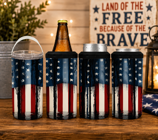 Distressed American Flag 4-in-1 Can Cooler, Patriotic Red White & Blue Drink Holder, USA Tumbler