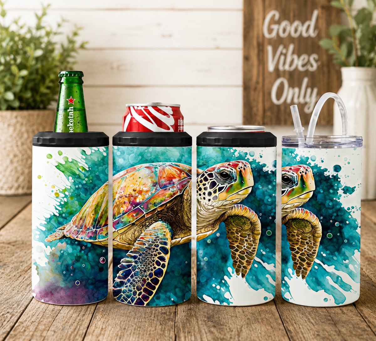 Colorful Sea Turtle 4-in-1 Can Cooler, Ocean Turtle Drink Holder, Beach Lover Gift, Coastal Tumbler