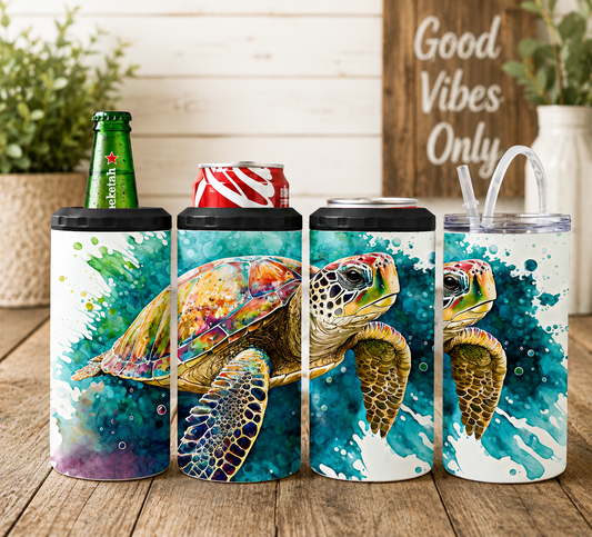 Colorful Sea Turtle 4-in-1 Can Cooler, Ocean Turtle Drink Holder, Beach Lover Gift, Coastal Tumbler