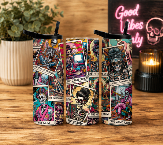 Funny Skeleton Tarot 20oz Tumbler, True Crime Junkie Mom Reader Cup, Dark Humor Gothic Tumbler
