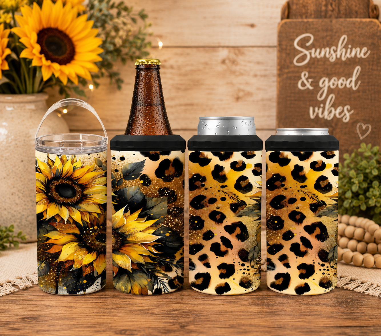 Sunflower Leopard 4-in-1 Can Cooler, Floral Cheetah Print Drink Holder, Country Tumbler Gift for Her
