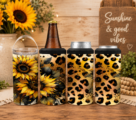 Sunflower Leopard 4-in-1 Can Cooler, Floral Cheetah Print Drink Holder, Country Tumbler Gift for Her