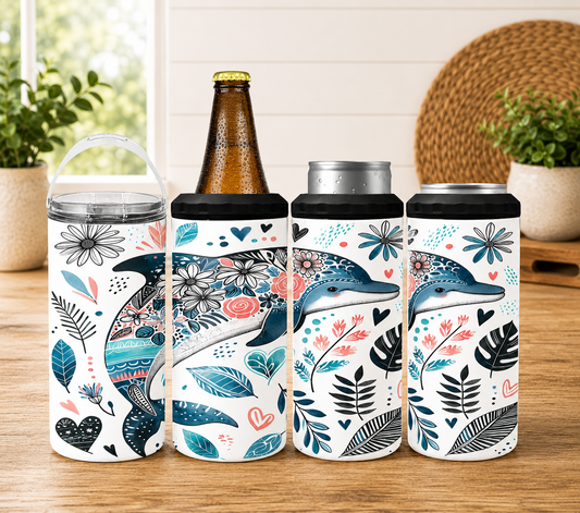 Dolphin Floral 4-in-1 Can Cooler, Ocean Lover Drink Holder, Colorful Beach Tumbler