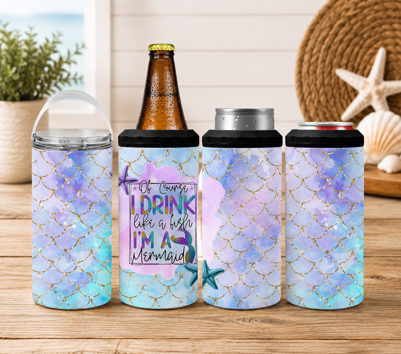 Mermaid 4-in-1 Can Cooler,  “Of Course I Drink Like a Fish” Mermaid Scale Tumbler, Beach Lover Gift