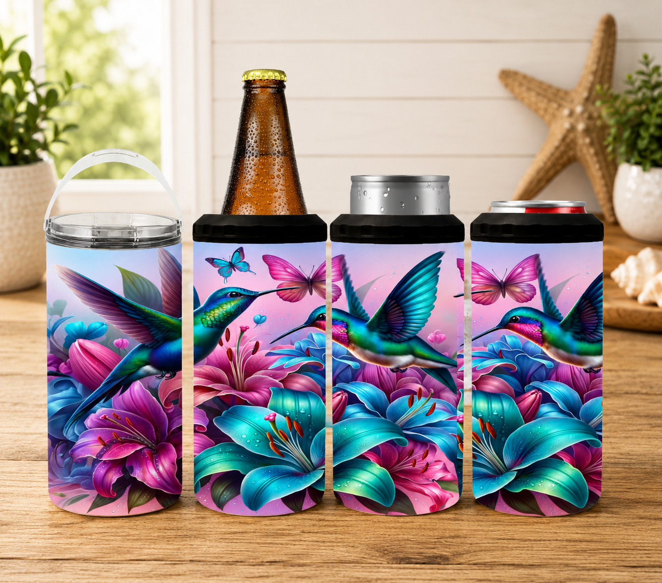Hummingbird Floral 4-in-1 Can Cooler, Colorful Hummingbird Drink Holder, Butterfly & Flower Tumbler, Gift for Her