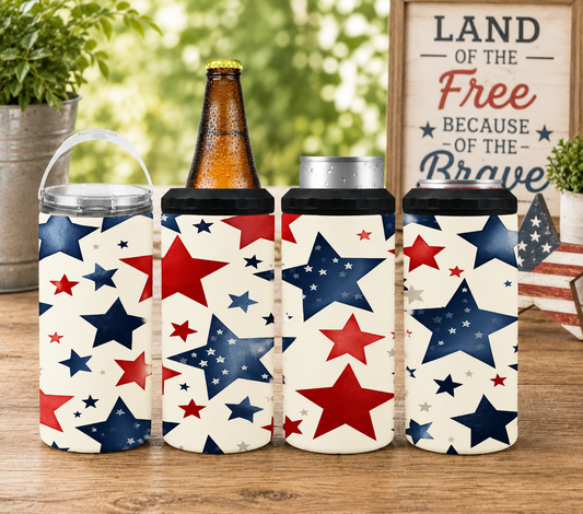 Patriotic Stars 4-in-1 Can Cooler, Red White & Blue Drink Holder, American Summer Tumbler