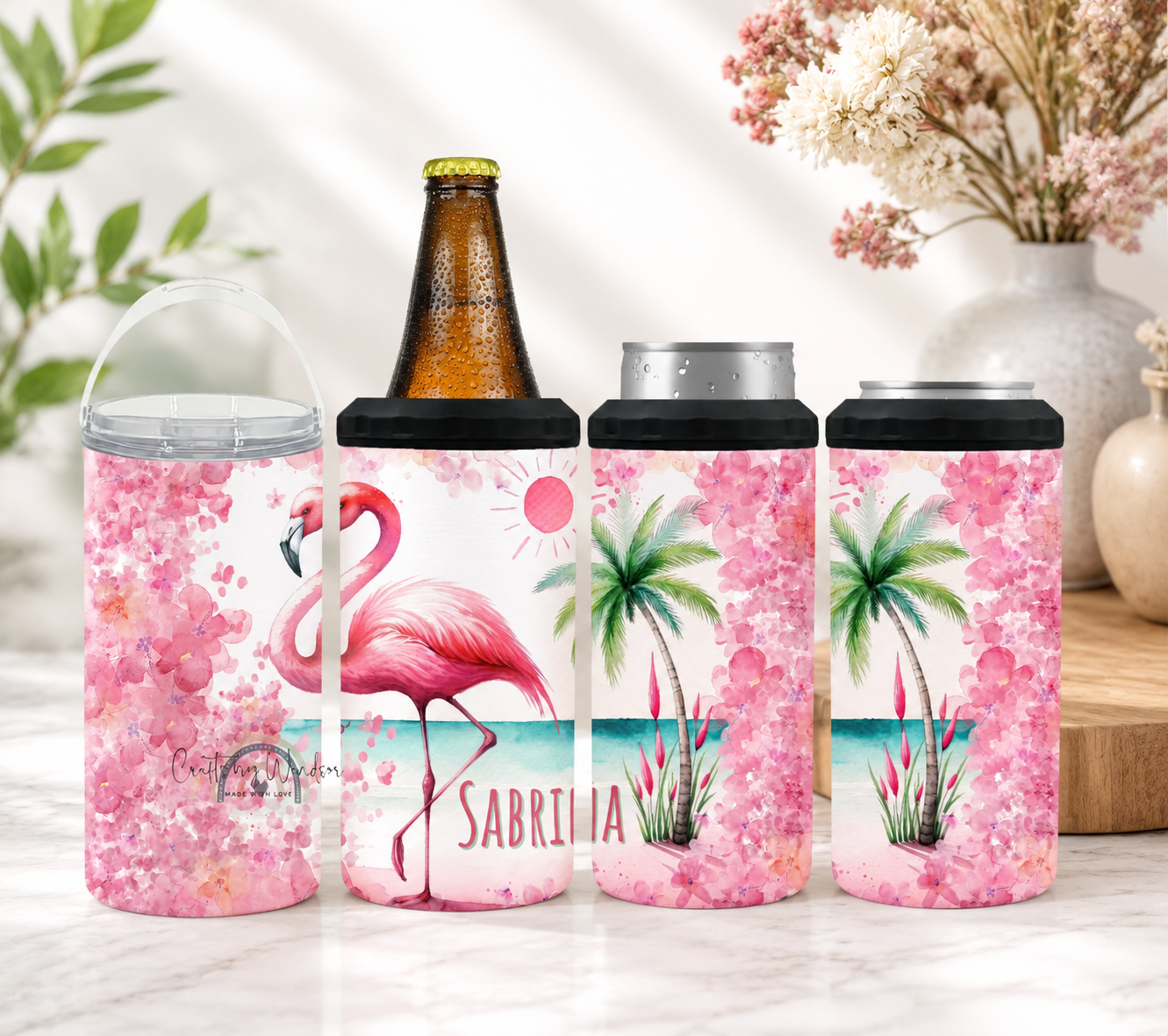Personalized Flamingo 4-in-1 Can Cooler, Tropical Pink Floral Drink Holder, Custom Name Summer Tumbler