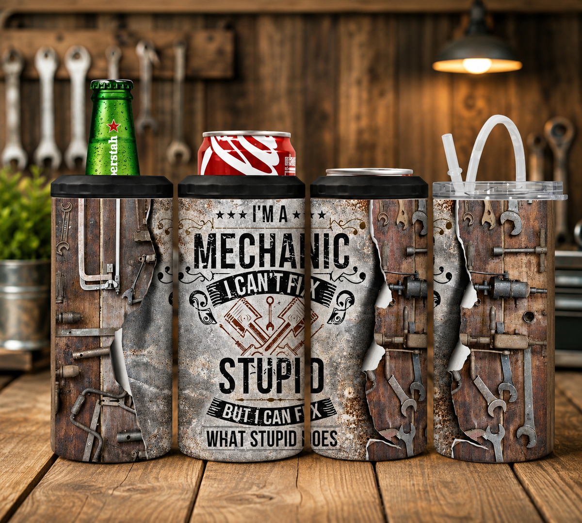 Funny Mechanic 4-in-1 Can Cooler, Mechanic Gift for Men, Insulated Beer Can & Bottle Holder, 16oz Tumbler