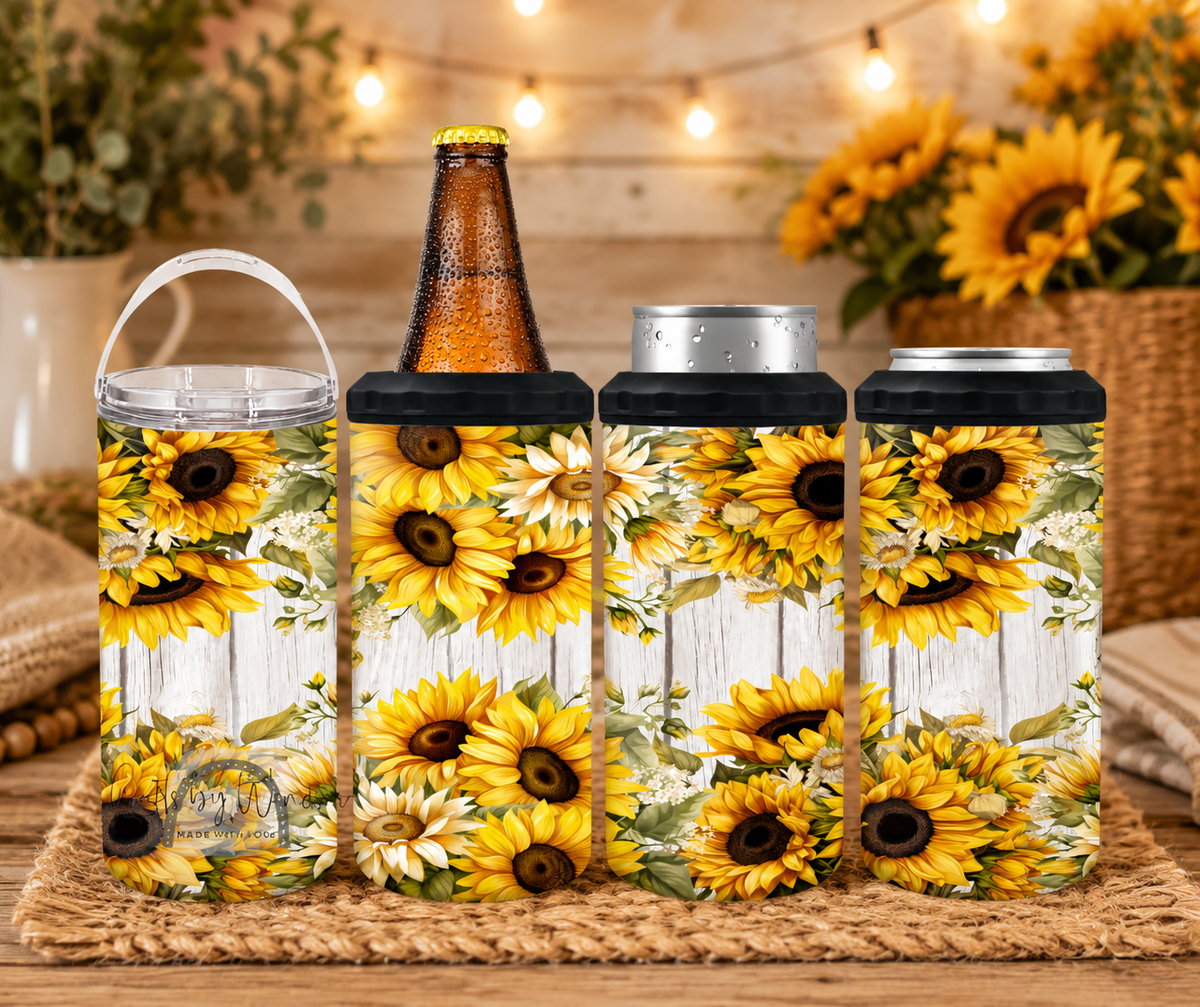Sunflower 4-in-1 Can Cooler, Rustic Floral Drink Holder, Summer & Fall Tumbler, Sunflower Gift for Her