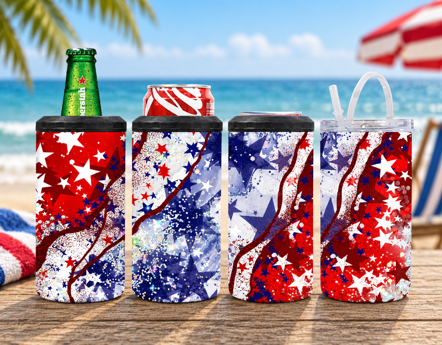 Patriotic 4-in-1 Can Cooler, Red White & Blue Stars Drink Holder, American Summer Tumbler, Fourth of July Gift