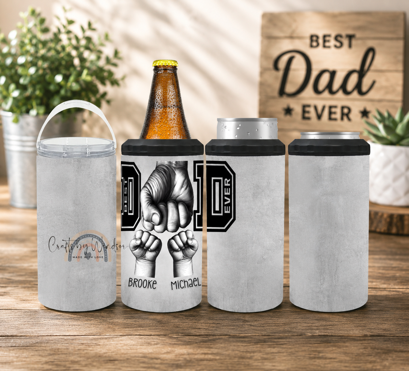 Personalized Dad 4-in-1 Can Cooler, Best Dad Ever Fist Bump Drink Holder, Custom Name Father’s Day Gift
