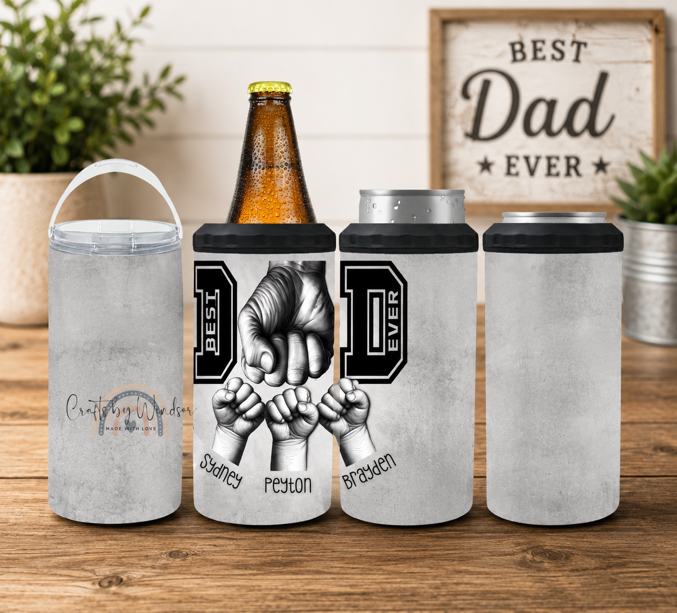 Personalized Dad 4-in-1 Can Cooler, Best Dad Ever Fist Bump Drink Holder, Custom Name Father’s Day Gift
