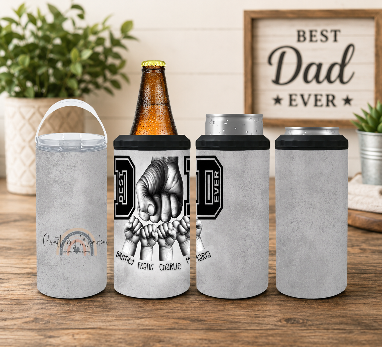 Personalized Dad 4-in-1 Can Cooler, Best Dad Ever Fist Bump Drink Holder, Custom Name Father’s Day Gift
