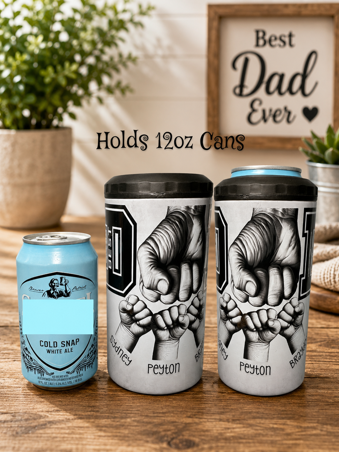 Personalized Dad 4-in-1 Can Cooler, Best Dad Ever Fist Bump Drink Holder, Custom Name Father’s Day Gift