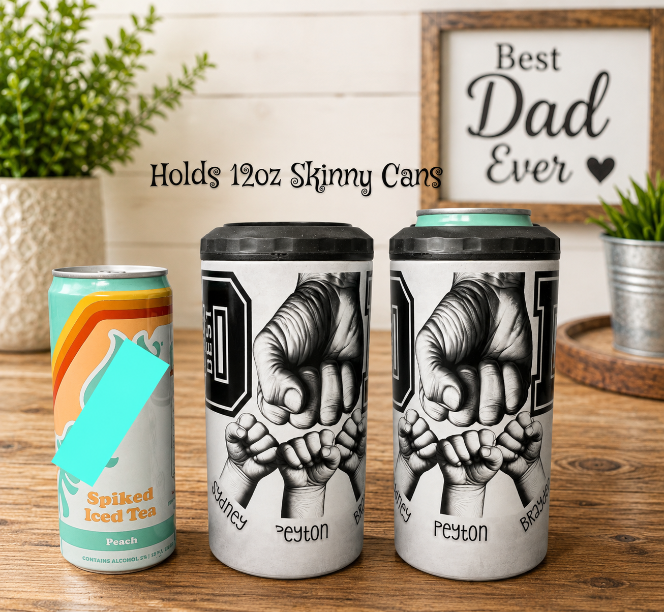 Personalized Dad 4-in-1 Can Cooler, Best Dad Ever Fist Bump Drink Holder, Custom Name Father’s Day Gift