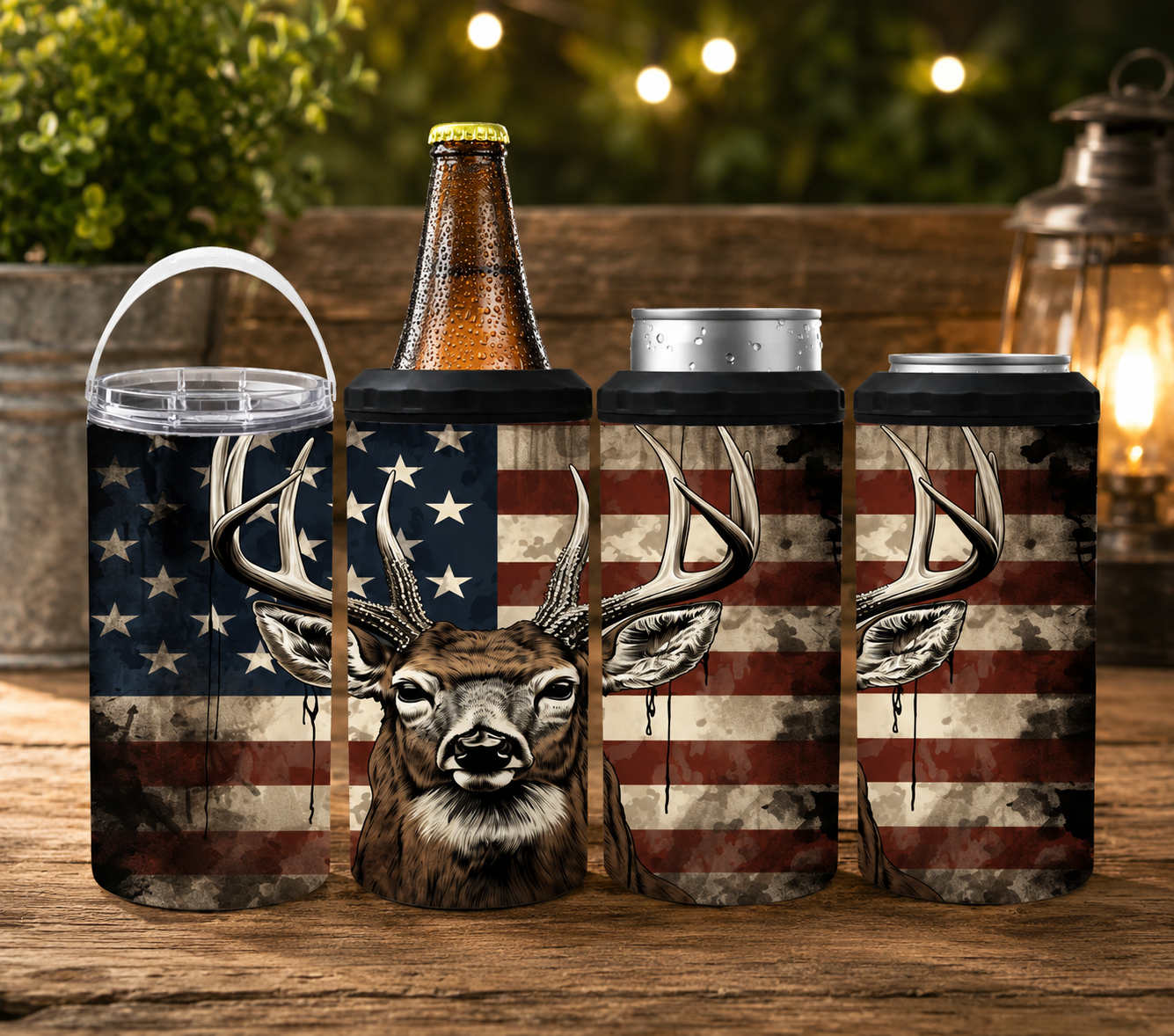 Hunting Deer and American Flag 4 in 1 Can Cooler